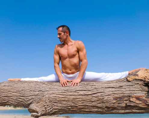 man splitting on driftwood