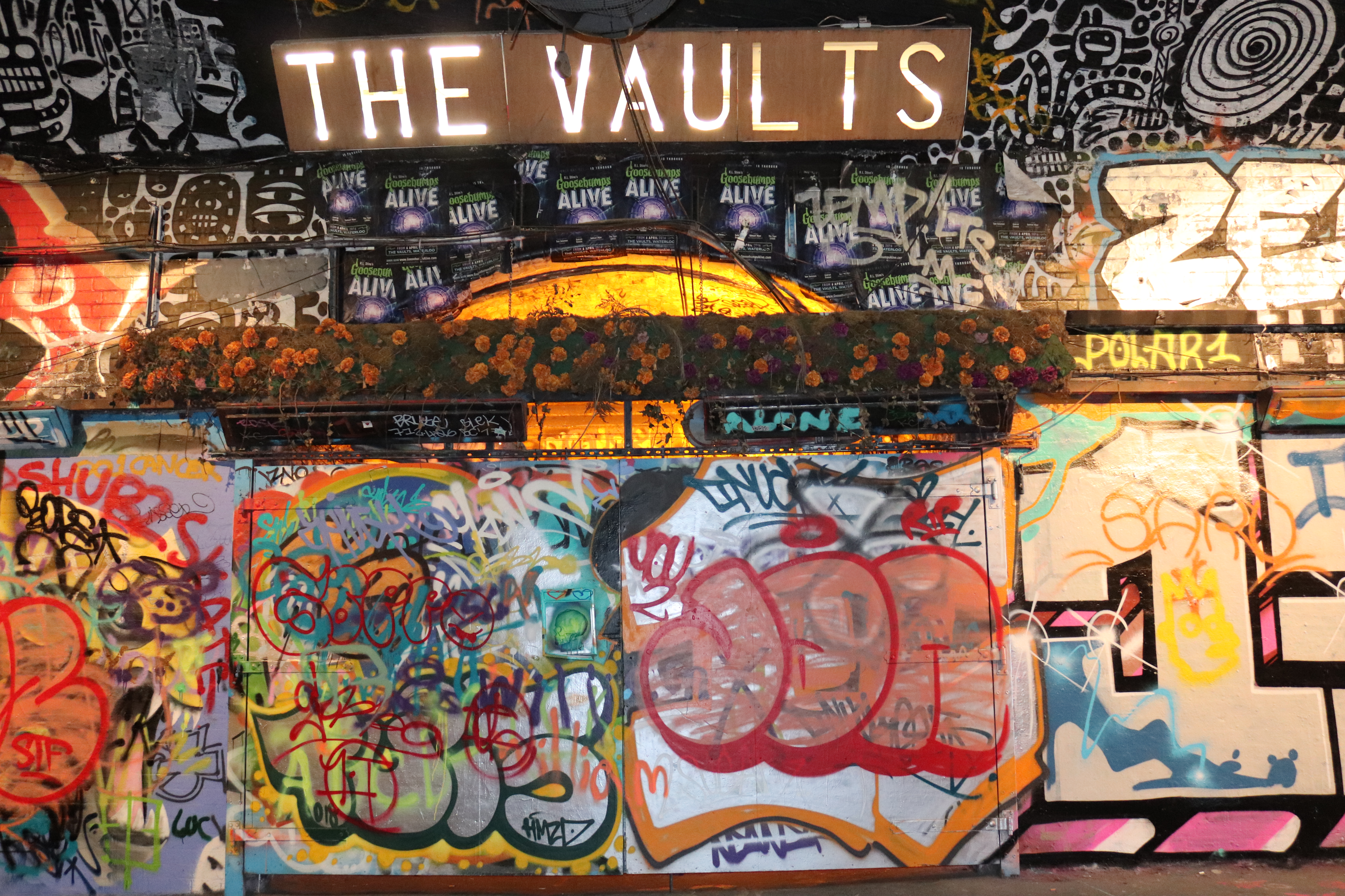 The Vaults at Leake Street Arches, Waterloo, London.. Graffiti on the exterior, interactive theatre experience inside.